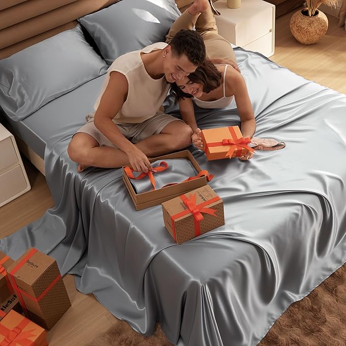 Bedsure Satin Sheets Twin Size - 3 Piece Silky Bedsheets with 15 Inches Deep Pocket Fitted Bedsheet,1 Flat Sheet, 1 Satin Pillowcase, Good for Hair & Skin (Twin, Silver Grey)