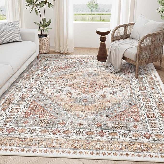 zesthome 5x7 Area Rugs - Ultra-Thin Washble Rug, Stain Resistant Anti Slip Backing Rugs for Living Room,Bedroom, Vintage Home Decor Area Rug (Orange,5'x7')