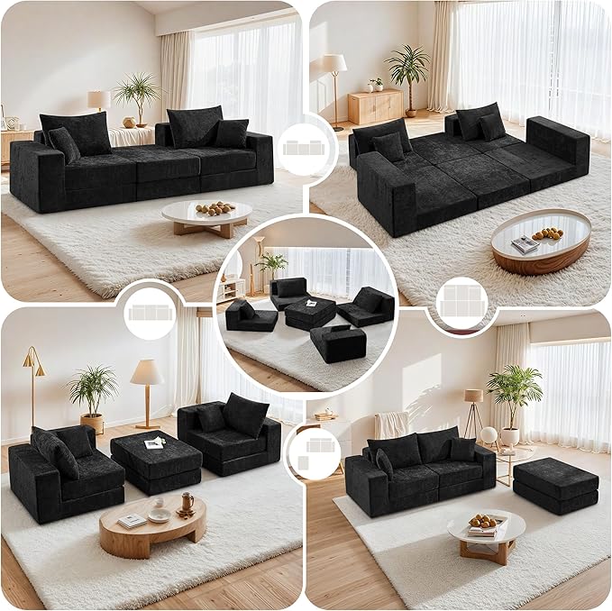 Boneless Modular Sectional Loveseat Couch with Ottoman, Convertible Floor Sleeper Sofa Bed, Comfy Foldable Compression Love Seat Sofa for Living Room, No Assembly, Black