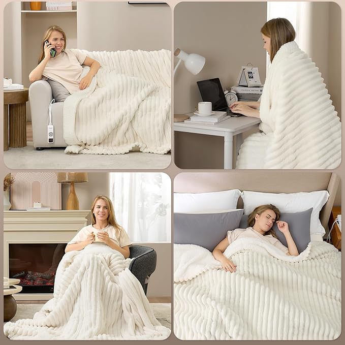 Hansleep Heated Blanket Queen Size Electrci Throw Dual Control, Heating Blanket with 9 Heating Levels and 10-Hour Timer Auto Shut Off, Washable Soft Warm Winter Blanket, 80 x 90 Inches, Beige