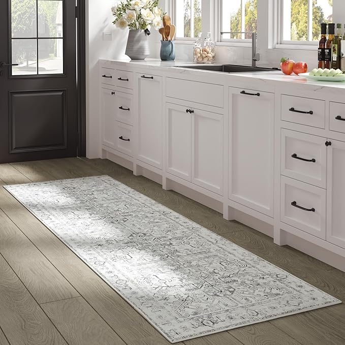 jinchan Lima Hallway Runner Rug 2x10 - Kitchen Washable Rug Floral Runner Non Slip with Rubber Backing Ultra-Thin Vintage Carpet for Bedroom Laundry Room Living Room (2x10ft, Grey)