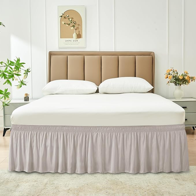Biscaynebay Wrap Around Bedskirts for King & Cal King Beds with 18" Drop, Camel Grey Adjustable Elastic Dust Ruffles Easy Fit Wrinkle Resistant Silky Luxurious Fabric Machine Washable