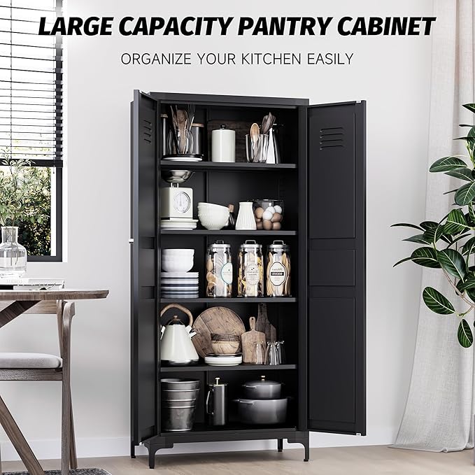 SISESOL Metal Storage Cabinet with Doors and Shelves,Black Storage Cabinet with Leg,Metal Pantry Cabinets,Ventilated Pantry Closet,Tall Large Cupboard for Home,Kitchen,Dining/Living/Laundry Room