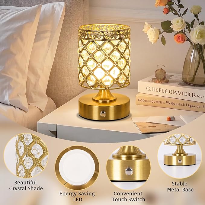 TOBUSA Gold Rechargeable Cordless Table Lamp, 6000mAh Crystal Battery Operated Lamp with 3 Color Temps & Stepless Dimming, Portable Bedside Touch Small Desk Lamp, Vintage Wireless LED Night Light