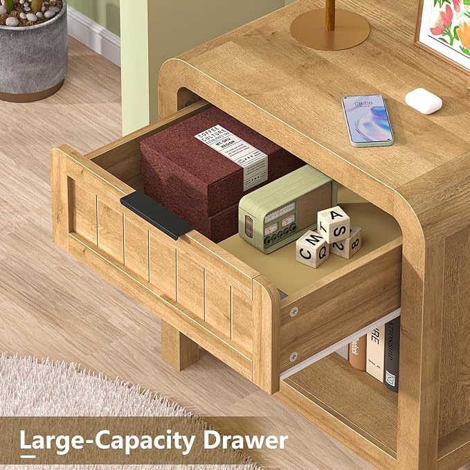 IKENO Wood Nightstand with Storage Drawer, 21" Wide Night Stand with Curved Profile Design, Bedside End Table for Bedroom, Living Room, Closet (1, Natural Oak, 1 Drawer)