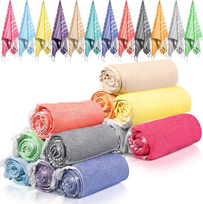 12 Pcs Turkish Beach Towel 30 x 60 Inch Extra Large Lightweight Travel Towel Cotton Turkish Bath Towels Oversized Quick Dry Beach Towels Absorbent Towels Swim Towel (Multicolor)