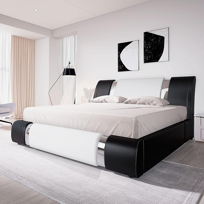 Allewie Queen Bed Frame with Iron Piece Decor, Faux Leather Upholstered Platform Bed with Adjustable Headboard & Strong Wooden Slats, No Box Spring Needed, Black and White