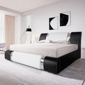 Allewie King Size Bed Frame with Iron Piece Decor, Faux Leather Upholstered Platform Bed with Curved Adjustable Headboard, Wooden Slats Support, No Box Spring Needed, Modern Black and White