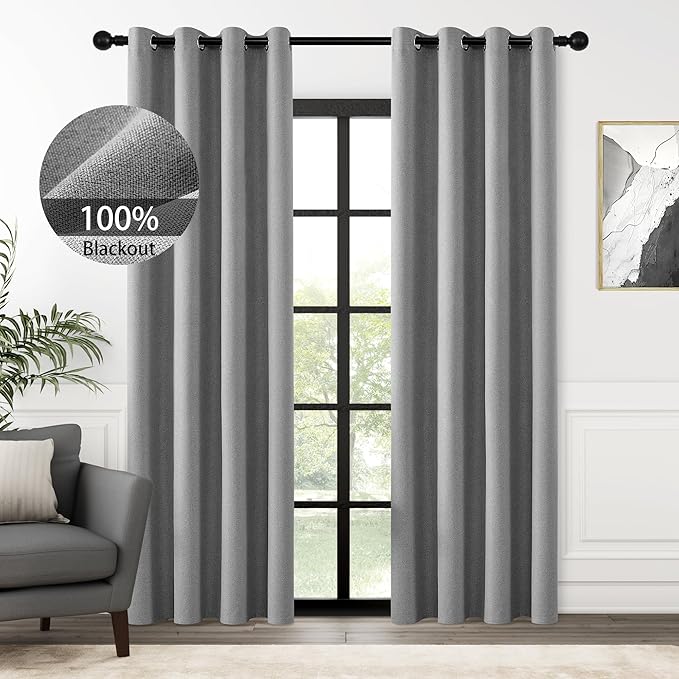 ChrisDowa 100% Blackout Grey Solid Curtains 96 Inches Long 2 Panels for Bedroom Living Room,Farmhouse Room Darkening Thermal Insulated Soundproof Grommet Top Window Treatment Drapes,52x96