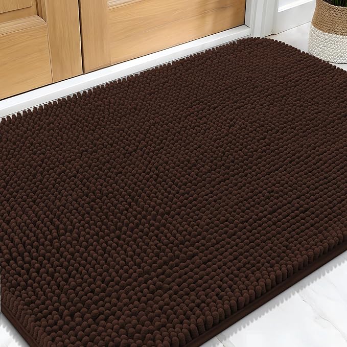 OLANLY Dog Door Mat for Muddy Paws 34x21, Absorbs Moisture and Dirt, Absorbent Non-Slip Washable Doormat, Quick Dry Chenille Mud Mat for Dogs, Entry Indoor Entryway Carpet for Inside Floor, Brown