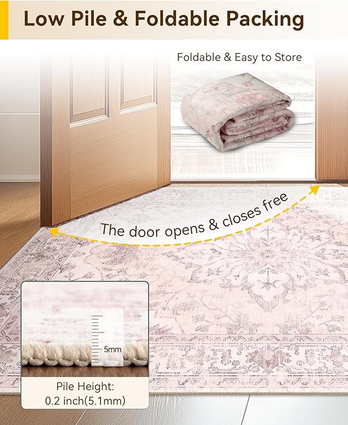 Area Rugs 2'x8' Washable Non-Slip, Floral Vintage Distress Print Pattern Medallion Carpet for Living Room Bedroom Dining Room, Pink Greypink Cute