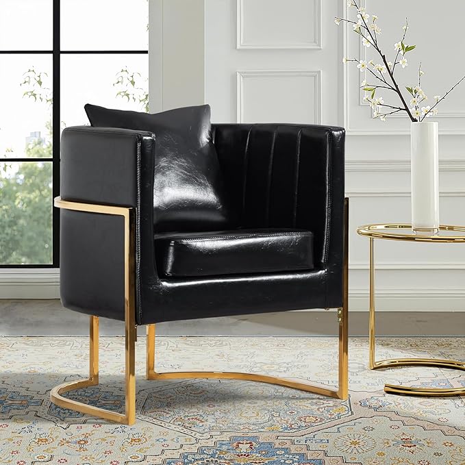 Modern Leather Accent Chairs Set of 2, Mid Century Upholstered Barrel Armchair with Pillow for Living Room, Comfy Single Vanity Chair with Metal Gold Legs for Bedroom, Black