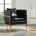 Modern Leather Accent Chair, Mid Century Upholstered Barrel Armchair with Pillow for Living Room, Comfy Single Vanity Chair with Metal Gold Legs for Bedroom, Black