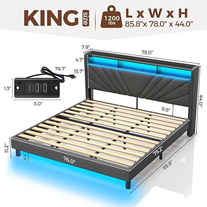 Rolanstar King Size Bed Frame, Storage Headboard with Charging Station and LED Lights, Upholstered Bed with Heavy Duty Wood Slats, No Box Spring Needed, Noise Free, Easy Assembly, Dark Grey