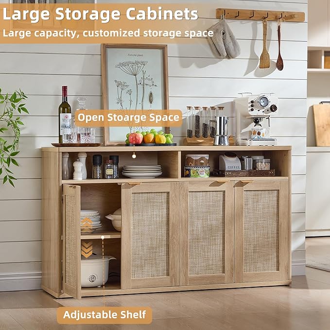 LEYAOYAO Rattan Sideboard Buffet Cabinet,45" Coffee Bar Cabinet with 3 Doors & Open Storage Shelf,Modern Credenza Console Table for Living Room Rattan Farmhouse entryway Natural