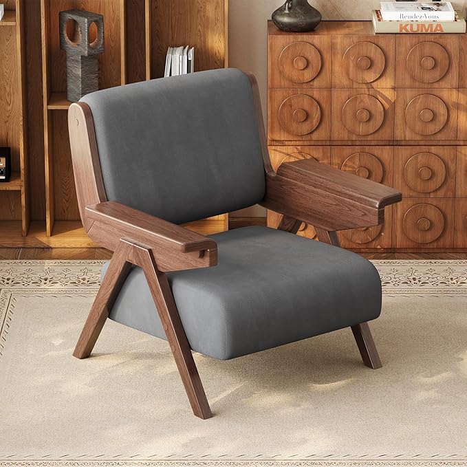 Mid Century Modern Accent Chair, Fabric Upholstered Lounge Arm Chair with Solid Wood Frame for Living Room, Bedroom, Office, Reading Corner (Gray, Set of 2)