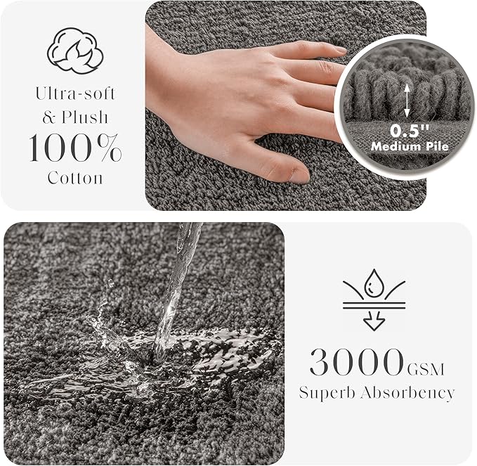 Madison Park Splendor Reversible 100% Cotton Tufted Bathroom Rug-3000 GSM Hotel Quality Luxurious Plush Medium Pile Bath Mat Absorbent, Quick Dry, Shower Room Décor, 20x30 Charcoal