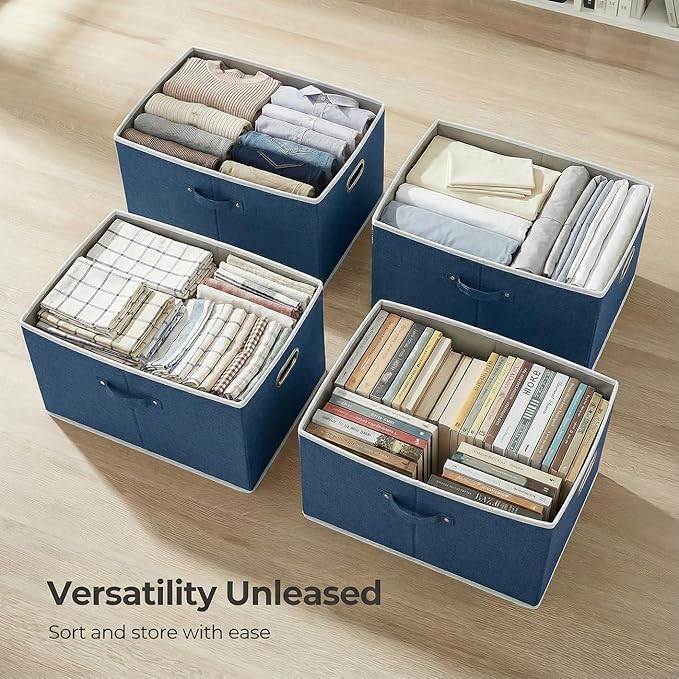 PRANDOM Storage Bins with Lids [3-Pack] Linen Fabric Foldable Storage Boxes Organizer Containers Baskets Cube with Cover Royal Blue(23.4X15.9X11.4)