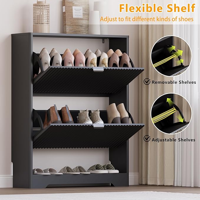 Shoe Cabinet with 2 Flip Drawers, Fluted Shoe Storage Cabinet with Adjustable Shelves, Freestanding Rack and Organizer for Entryway, Closet, Hallway