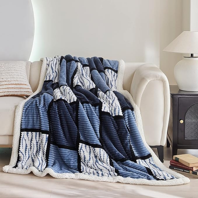 Blanket for Women, Sherpa Throw Blanket for Couch, Flannel Cozy Soft Checkered Blanket for Bed - Fleece, Black-White, 80x90 Inches