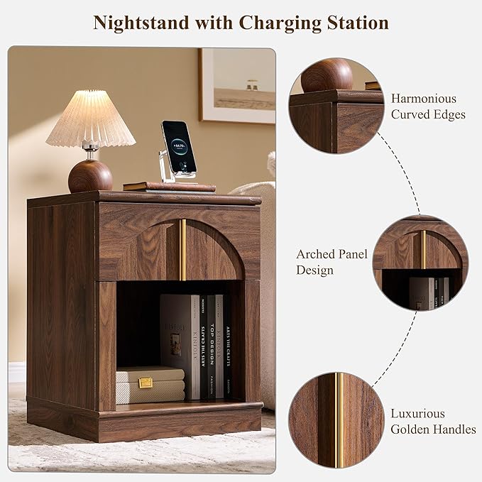 ACCOHOHO Modern Night Stand with Arched Panel,18" Wooden nightstand with Charging Station,Bedside Table with Drawer Storage,Side End Table with Open Shelf for Bedroom,Living Room,Brown