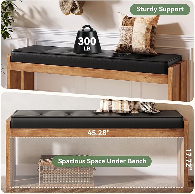 47-Inch Solid Wood Entryway Bench, Modern End of Bed Bench with Button-Tufted Leather Pad and Wooden Legs, for Living Room, Bedroom, Kitchen, Hallway, Black & Brown