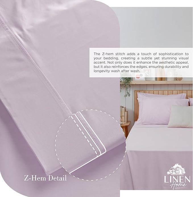 Linen Home 100% Cotton Percale Sheets King Size, Iris Lilac, Deep Pocket, 4 Pieces Set - 1 Flat, 1 Deep Pocket Fitted Sheet and 2 Pillowcases, Crisp Cool and Strong Bed Linen