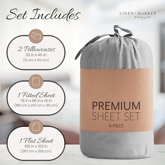 Linen Market Brushed Microfiber King Sheet Set 4 Piece – Oeko-TEX Certified Ultra Soft & Wrinkle-Free - 16" Deep Pocket Sheets - Easy Care King Size - Light Gray