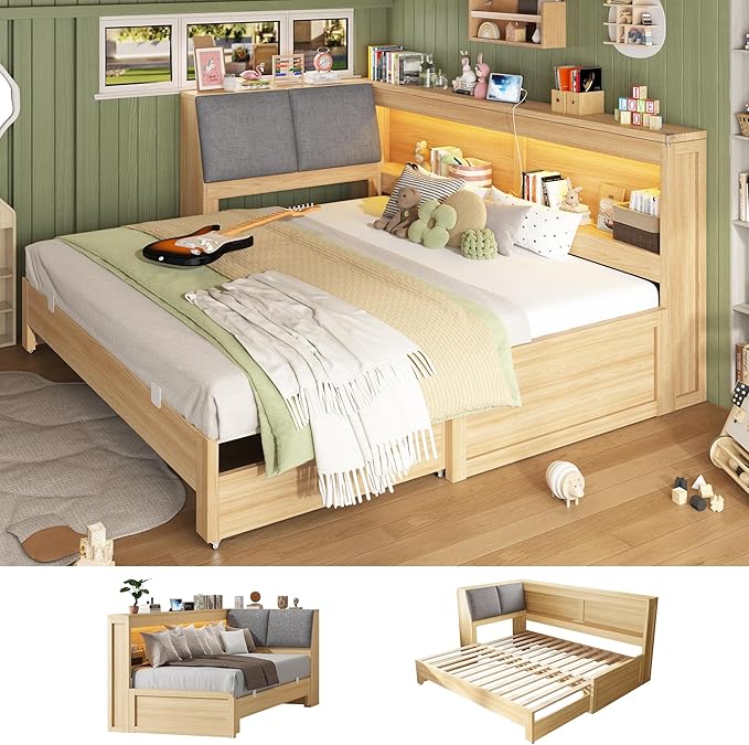 Corner Bed Frame with Extendable Trundle Bed and Bookcase Upholstered Headboard, 3-in-1 Twin Size Wood Daybed with LED Lights and Charging Station, for Bedroom, Guest Room, Natural Oak