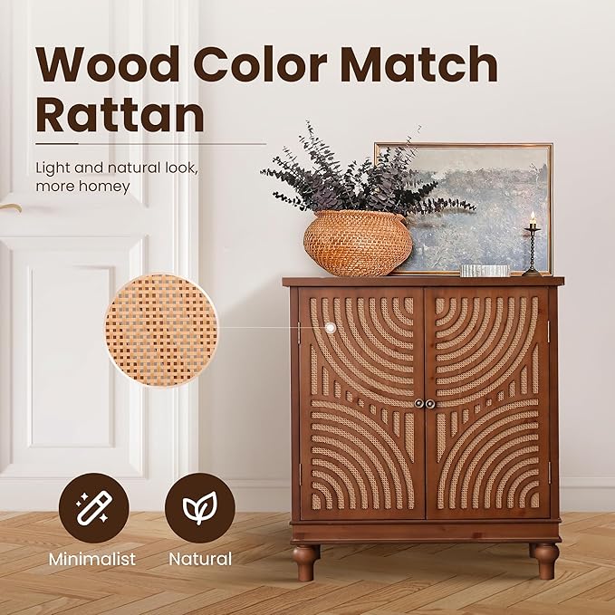PHI VILLA Accent Cabinet with Door, Small Buffet Sideboard Cabinet with Rattan Door, 2 Door Storage Cabinets