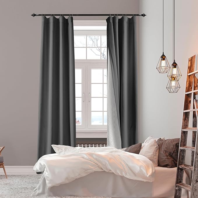 100% Blackout Thermal Insulated Curtains, 3 Layers Noise Absorbing, Soundproof Back Tab Drapes for Sliding Glass Door Baby Nursery Bedroom with Hooks, Grey 50x84 Inch Set of 1