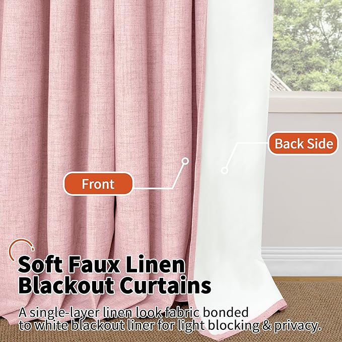 Baby Pink Linen Blackout Curtains for Nursery 80 Inch Length 2 Panels Set, Thermal Insulated Boho Total Black Out Noise Reducing Bonzer Grommets Window Curtains for Girls Bedroom, Each 38 Inch Wide