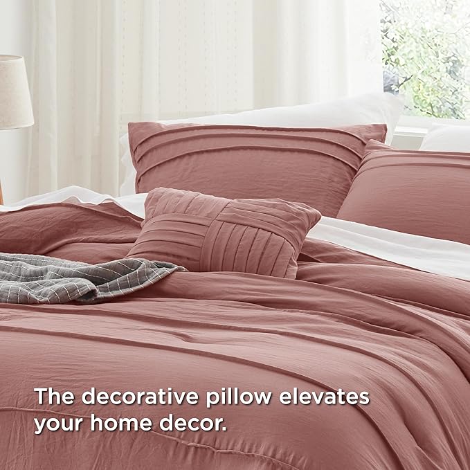 Bedsure Full Comforter Set - 4 Pieces Pinch Pleat Bed Set, Dusty Pink Boho Bedding for All Season, 1 Soft Comforter, 2 Pillowcases, 1 Decorative Pillow
