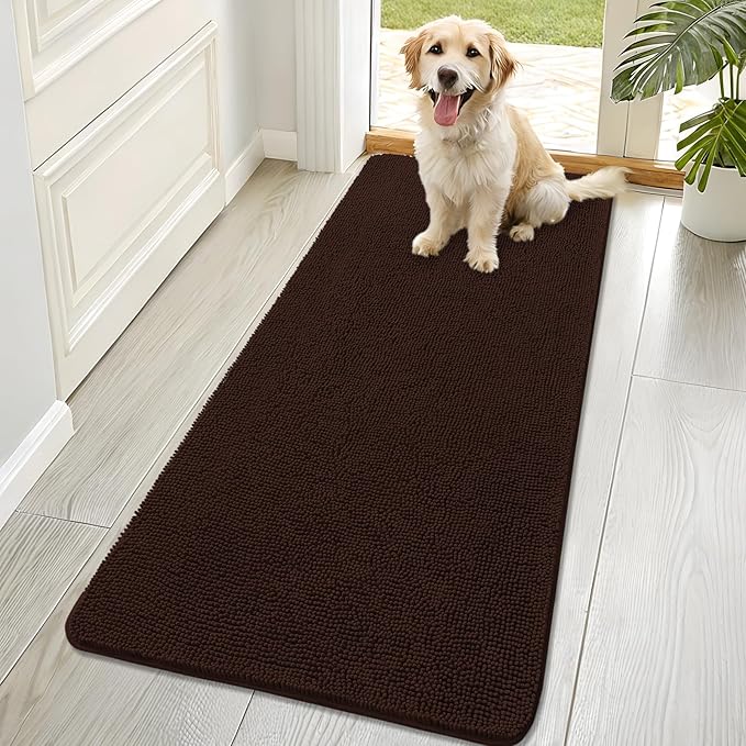 OLANLY Dog Door Mat for Muddy Paws 70x32, Absorbs Moisture and Dirt, Absorbent Non-Slip Washable Doormat, Quick Dry Chenille Mud Mat for Dogs, Entry Indoor Entryway Carpet for Inside Floor, Brown