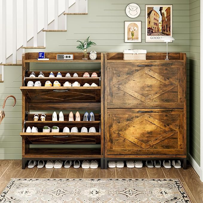 Shoe Cabinet, Shoe Storage Cabinet with 2 Flip Drawers & Adjustable Shelf, Space-Saving Shoe Organizer – Holds 12+ Pairs, Narrow Shoe Cabinet Storage for Entryway/Hallway（Brown）