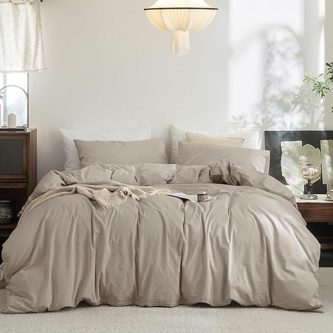 FOSSA Duvet Cover Set 100% Washed Cotton Linen Feel Super Soft Breathable Cozy 3 Pieces Bedding Sets Solid Tannish Linen Grey Twin/Twin XL