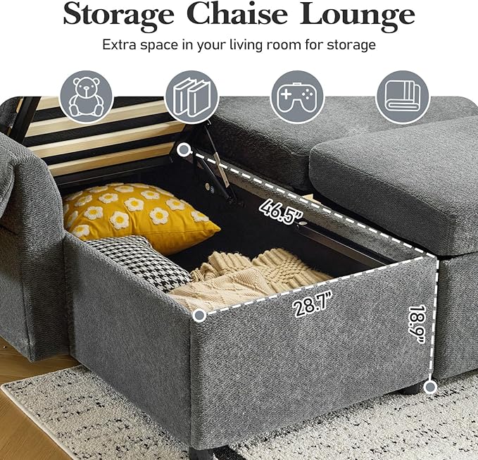 VINGLI Convertible Sofa Bed Couches for Living Room, Sleeper Sofa with Pull Out Couch Bed, Cloud-Like Plush Fleece U-Shape Sectional Couch with Storage Chaise, USB Charging, Side Pockets
