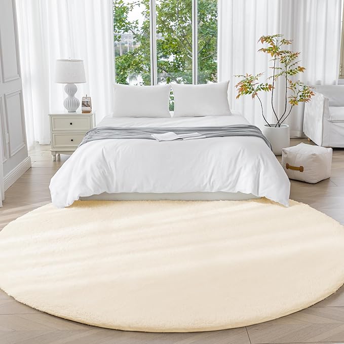 Amazon Basics Fluffy Washable Round Area Rug, Circle Shaggy Carpet for Living Room, Bedroom, Nursery, 7'R, Beige