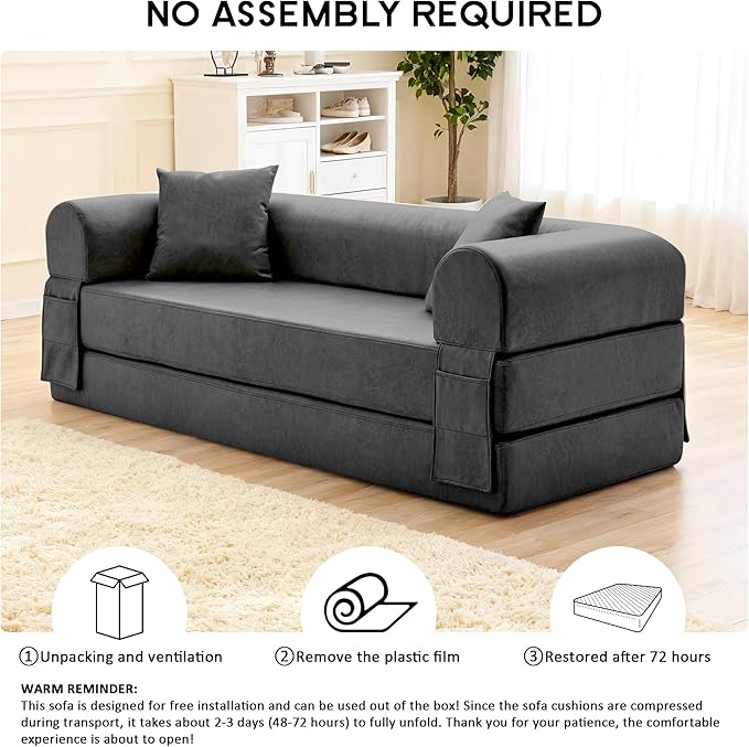 78.5" Convertible Sleeper Sofa Bed, Faux Leather Folding Floor Sofa with Pullout Bed&2 Pillows, No Assembly Modern Boneless Couch Compression Sofa in Box with Storage Pocket for Living Room, Gray