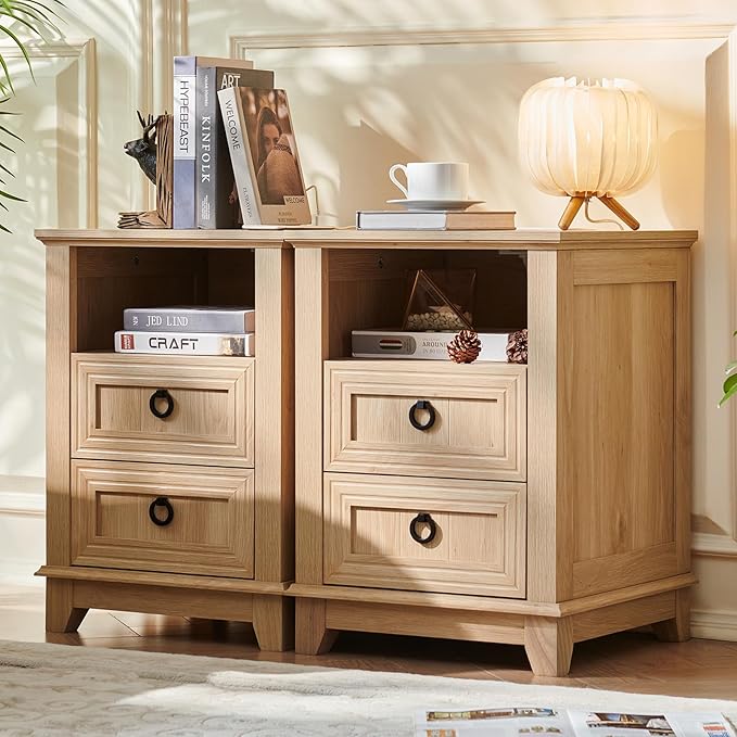18" Farmhouse Night Stands Set of 2 with Charging Station, 2 Drawers Bedside End Table, Natural Wooden Nightstand, Bed Side Table Cabinet with Open Shelf for Bedroom Living Room Office