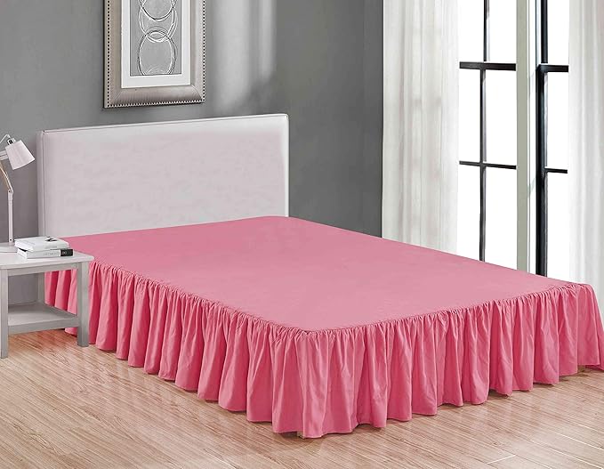 Sheets & Beyond Wrap Around Solid Microfiber Luxury Hotel Quality Fabric Bedroom Gathered Ruffled Bedding Bed Skirt 14 Inch Drop (Full, Pink)
