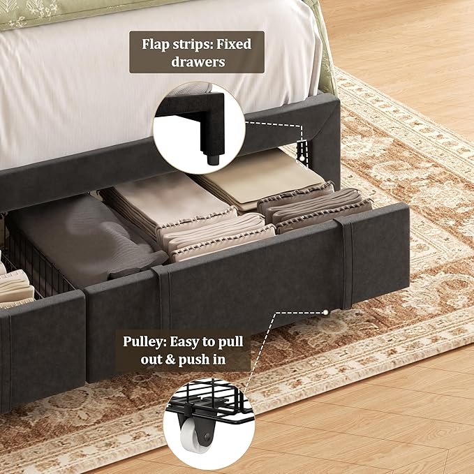 King Bed Frame with Storage Drawers, Upholstered King Size Platform Bed with 47“ Tall Headboard and Wingboard, No Box Spring Needed, NO Noise, Easy Assembly, Wooden Support Slats, Black