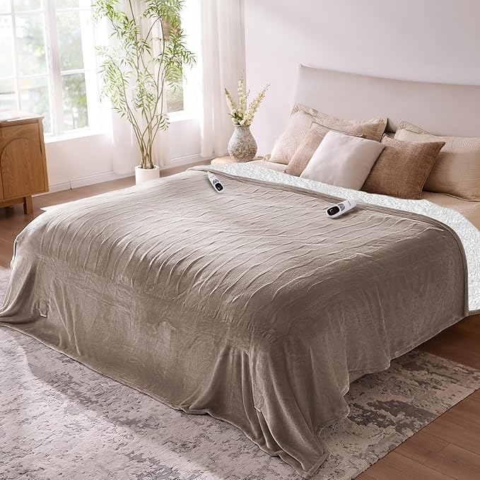 Heated Electric Blanket King- Super Soft Heating Blanket, Dual Control & 9 Heat Settings, 10 Hours Auto Off, Soft Flannel to Sherpa, Fast Heating Electric Throw, Machine Washable, 90" x 100''- Camel