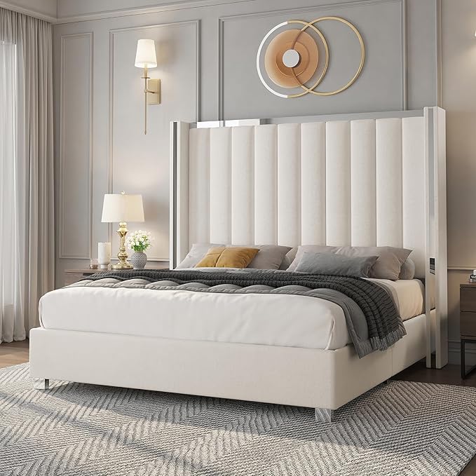 Jocisland King Size Bed Frame with 58" Tall Headboard, Platform Velvet Upholstered Bed with Channel Tufted Wingback Headboard and Plating Trim, No Box Spring Needed, Cream