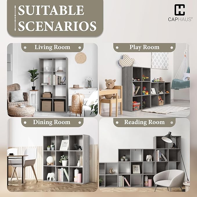 CAPHAUS Sturdy Room 11-Inch Cube Storage Organizer Shelf, with Thick Exterior Edge, Storage Shelf Divider w/Back, Bookcase, 9-Cube, Greige Oak