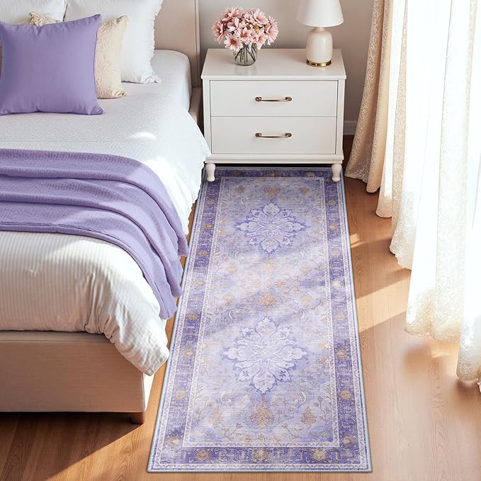 Area Rugs 2'x6' Washable Non-Slip, Floral Vintage Distress Print Pattern Medallion Carpet for Living Room Bedroom Dining Room, Light Purple Brown