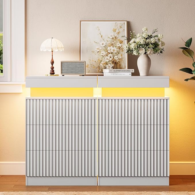 Nightstands Set of 2 with Charging Station & LED Lights, Modern Small Fluted Bedside & End Tables with 3 Drawers, Sliding Top & Hidden Storage, Wooden Farmhouse Night Stand for Bedroom Office,White