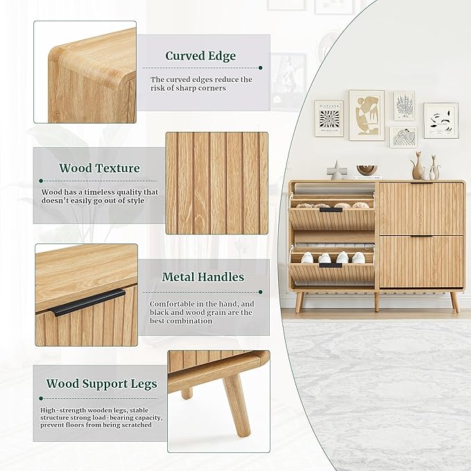 47" Fluted Large Shoe Cabinet with 4 Flip Drawers, Slim Freestanding Shoe Cabinet Organizer, Narrow Shoes Storage Rack for Entryway, 5 Sturdy Legs (All Natural, 9.45" D x 47.24" W x 35.83" H)