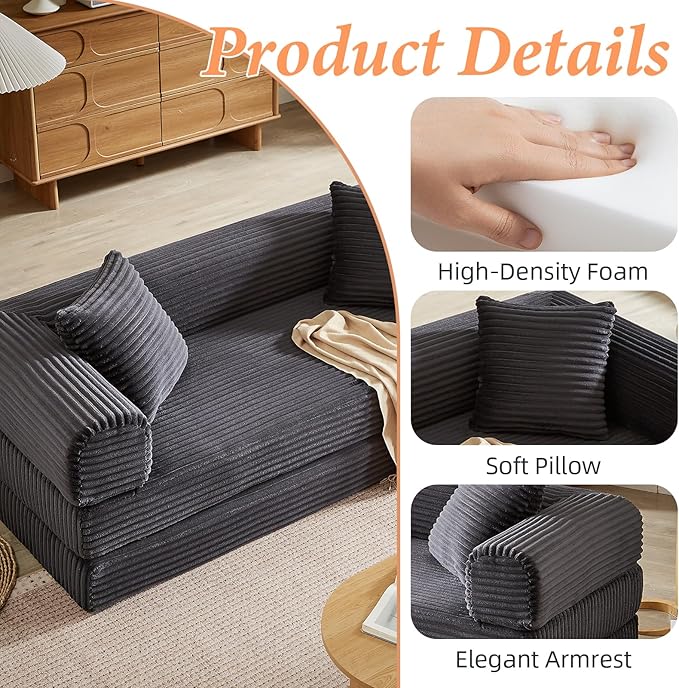 78 Inch Convertible Futon Sofa Bed,Folding Boneless Couches with Sleeper Sofa,Fold Out Floor Sofa Couch with Deep Seat,Cloud Corduroy Foldable Mattress Couch for Living Room (Dark Grey)