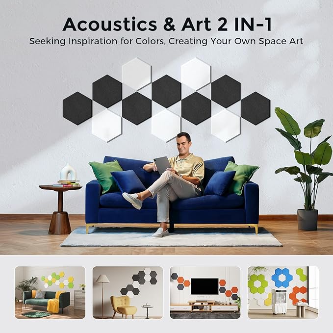 Self-Adhesive Acoustic Panels [390 lbs/yd³ Ultra-High Density], 2nd Generation Sound Absorbing Panel, Professional Level Sound Panel, Polyester Soundproof Foam [Size M, White & Black]
